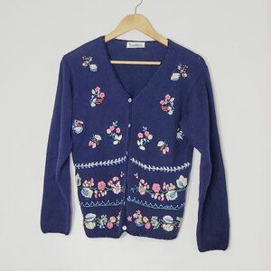 Carol Rose Vintage Navy Blue Knit Cardigan Floral Embroidery Grandma Cottagecore